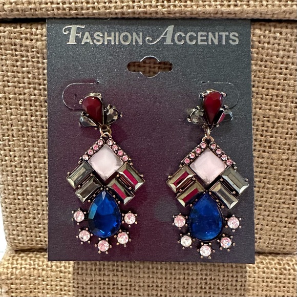 NWT Fashion Accents Earrings gold w/ maroon, pink, royal blue & hematite jewels - Picture 1 of 8